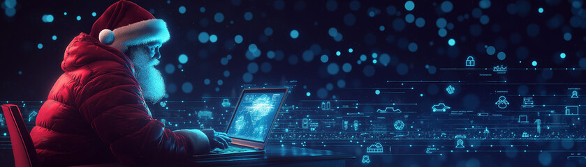 Santa is sitting at a desk with a glowing laptop showing a digital map, while a list of countries and cities pops up on the screen