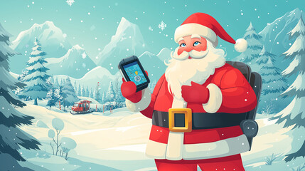 Santa Claus using a high tech GPS system to plan his route for gift delivery