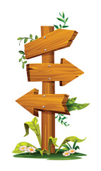 Wooden signpost with three arrows pointing in different directions, surrounded by leaves and flowers. Vector cartoon illustration