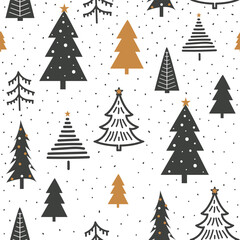 Obraz premium Winter seamless pattern with Christmas trees and snowflakes in doodle style. Design for wallpapers, wrapping, cards, fabric, textile and other.