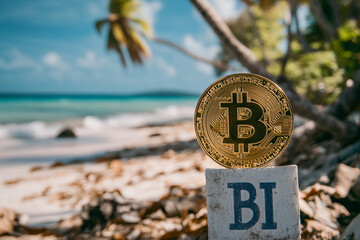 Bitcoin symbol on a tropical beach with palm trees and ocean view in the background