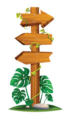 Wooden signpost with three arrows wrapped in vines and surrounded by tropical leaves. Vector cartoon illustration