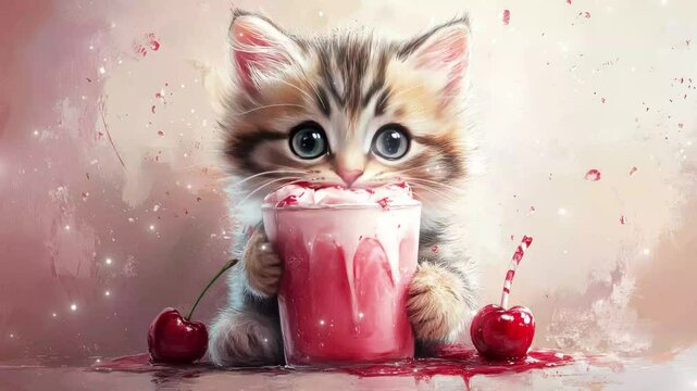 Adorable kitten playfully sips a cherry milkshake, surrounded by cheerful decor. glitch stream overlay seamless loop Vtuber streamer asset twitch zoom OBS screen animated wallpaper virtual background