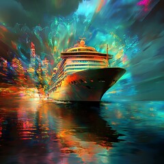 Fototapeta premium Cruise ship sailing on vibrant, colorful ocean at sunset.