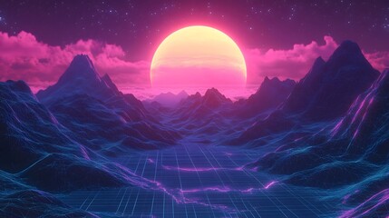 A vibrant pink and blue glowing digital landscape with a large, bright, yellow sun in the sky.