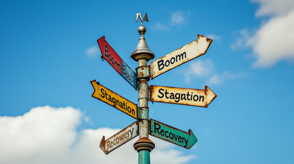 A weather vane with directional flags labeled "Boom", "Bust", "Stagnation", "Recovery".