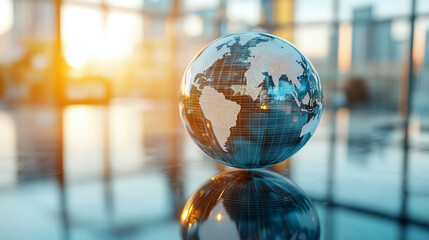 transparent glass globe rests delicately on a modern surface, symbolizing global unity, clarity, and the interconnectedness of humanity and nature, with light refracting through its crystal structure
