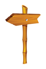 Wooden arrow pointing to the left with bamboo post. Vector cartoon illustration