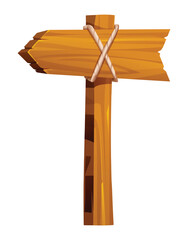 Wooden arrow signpost tied with rope, pointing left in rustic vintage style. Vector cartoon illustration