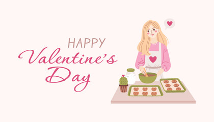 Happy Valentine's Day. Vector banner, poster, greeting card with beautiful girl, woman with blonde hair makes cookies. Cute illustration for promotion and shopping template.