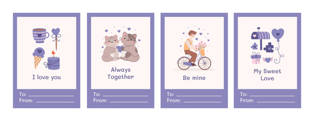 Purple valentines collection. Greeting card for valentine's day set. Vector illustration with romantic elements, guy on a bike with a basket of flowers, kitties.