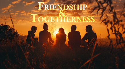 A group of young people watching a sunset with the slogan friendship and togetherness to express your connection