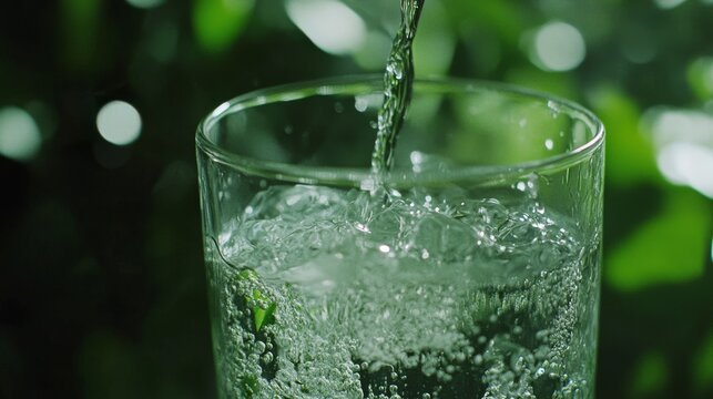24.Slow-motion effect of water pouring into a clear glass, with visible droplets and light reflecting off the surface; lush green background creates a calming, eco-friendly atmosphere.