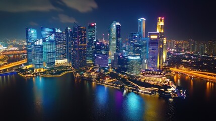 Fototapeta premium A vibrant city skyline illuminated at night, reflecting on the water below.