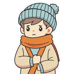 Cute Vector Illustration of a Boy with a Fever, Shivering in Warm Outfit