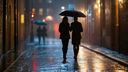 Obraz premium Two Strangers Sharing Umbrella in Rainy Alley