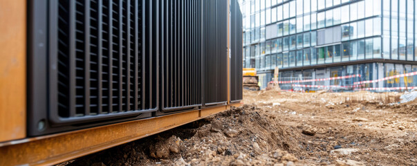 Cooling modules on construction site with modern buildings in background
