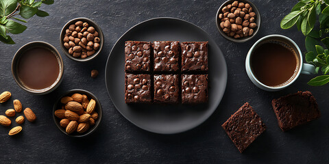 Flat-lay of chocolate brownies surrounded by