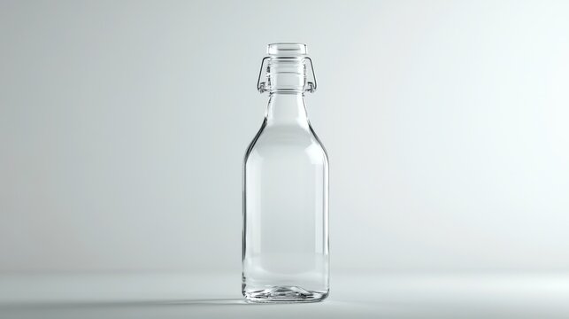 40.High-resolution image of a clear glass water bottle, compact in size with a classic design, positioned against a plain, light background; soft lighting accentuates the pristine transparency and