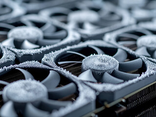 Cooling fins and fans in GPU cluster with condensation droplets