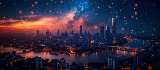 Vibrant Milky Way Galaxy Cityscape with Skyscrapers and Glowing Skyline at Night