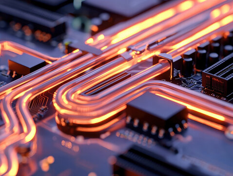 High speed liquid coolant channels on circuit board with glowing lines