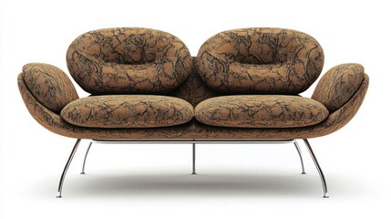 Modern two-seater sofa with patterned upholstery and chrome legs.