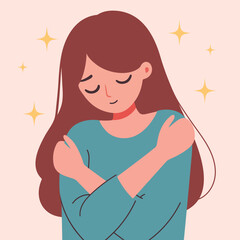 Flat Vector Art of a Woman Embracing Herself with the Concept of Self Love and Mental Health