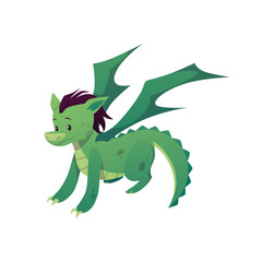 Cartoon cute green dragon child with wings, funny fantasy monster vector character, fairy tale mythical reptile creature