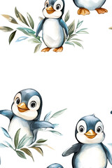 Naklejka premium A watercolor seamless pattern of penguins, isolate on white background, featuring soft brushstrokes and cool tones. cutout png