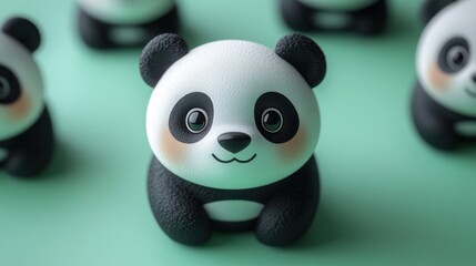 Cute panda figurines arranged on a mint green surface, showcasing playful design.
