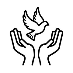 Obraz premium hands releasing a dove icon, day of peace line art, day of peace icon - simple black line art icon of hands releasing a dove, for day of peace celebrations. day of peace vector art.