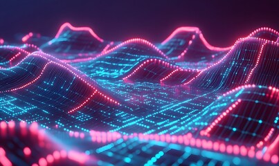 Glowing wavy grid, light pattern, tech landscape.