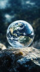 Earth enclosed in glass sphere on rocky surface: environmental awareness and protection