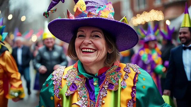 Vibrant Mardi Gras Celebration with Joyful Participant