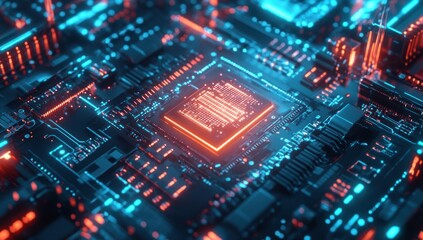 Obraz premium Glowing Motherboard with Orange CPU