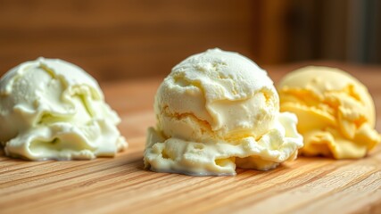 Colorful Ice Cream Scoops on Wooden Table - High Resolution AI Photo