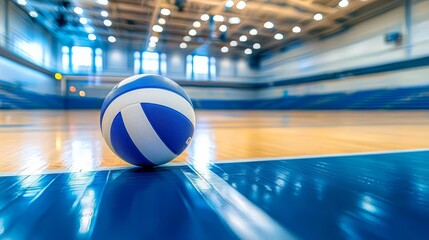 A close-up view of a blue and white volleyball resting on the polished wooden floor of a gymnasium.
