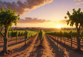 Naklejka premium Sunset over grape vineyard in the countryside, lush greenery, wine bottle, rows of vines, vineyard landscape