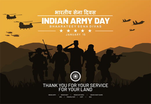 Indian Army Day 2025 Banner Design with Indian Soldiers Saluting on the Hill.  Bhaarateey Sena Divas means Indian Army Day. Best for Kargil Vijay Diwas Background. Vector Illustration