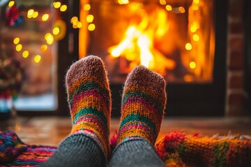 Cozy feet in colorful socks by a warm fireplace, perfect for winter relaxation and comfort.