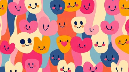 Obraz premium 81.A cheerful cartoon pattern of melting, happy faces with hearts for eyes, arranged in a colorful, checkered grid. The retro style, bright pinks, and warm hues blend with wavy textures, creating a