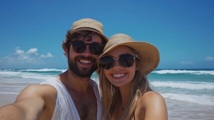 Obraz premium Happy couple takes selfie on sunny beach, wearing hats and sunglasses. Perfect for travel, romance, or summer vacation themes.