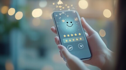 87.A hand holding a phone showing a customer satisfaction survey, with a series of stars for rating and a happy face selected at the top of the scale. The background is blurred, focusing on the