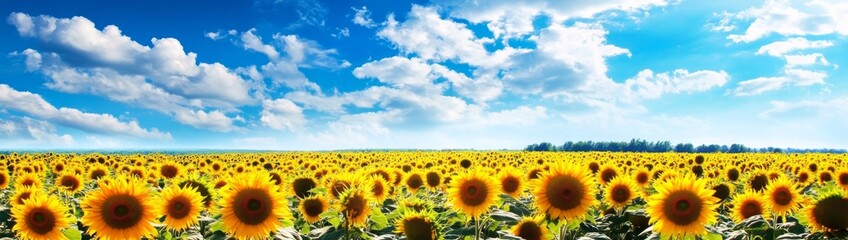 Fototapeta premium Tranquil Sunflower Field Landscape under Blue Sky with Bright Yellow Sunflowers and Vast Green Field Stretched in the Distance