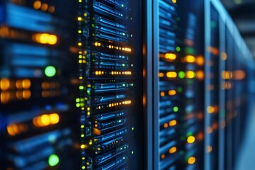 Naklejka premium Modern and Technological Data Center with Neatly Arranged Servers and Colorful Lights, High Angle View in Blurred Background
