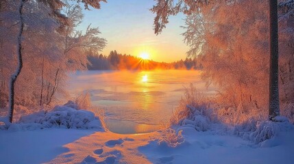 Fototapeta premium Golden sunrise over Finland serene forest lake, mist, frosty ground, calm reflections of the mighty trees and sky.