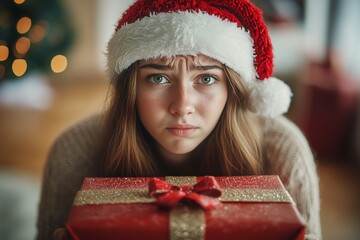 Young woman sobbing in a red red hat, with parcel. Festive time season ad campaign visual idea pic...