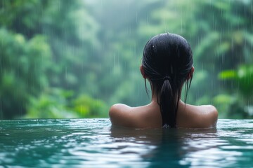 Fototapeta premium Woman relaxes in rain-filled pool, lush greenery backdrop. Perfect for spa, relaxation, or tranquil nature themes.