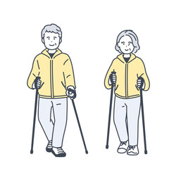 ポールウォーキングをするシニア夫婦のイラスト素材